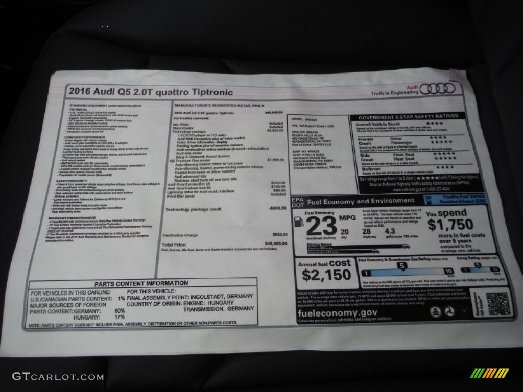 2016 Audi Q5 2.0 TFSI Premium quattro Window Sticker Photo #106274922