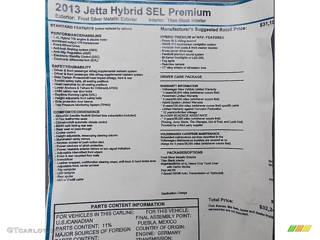 2013 Jetta Hybrid SEL Premium - Frost Silver Metallic / Titan Black photo #34