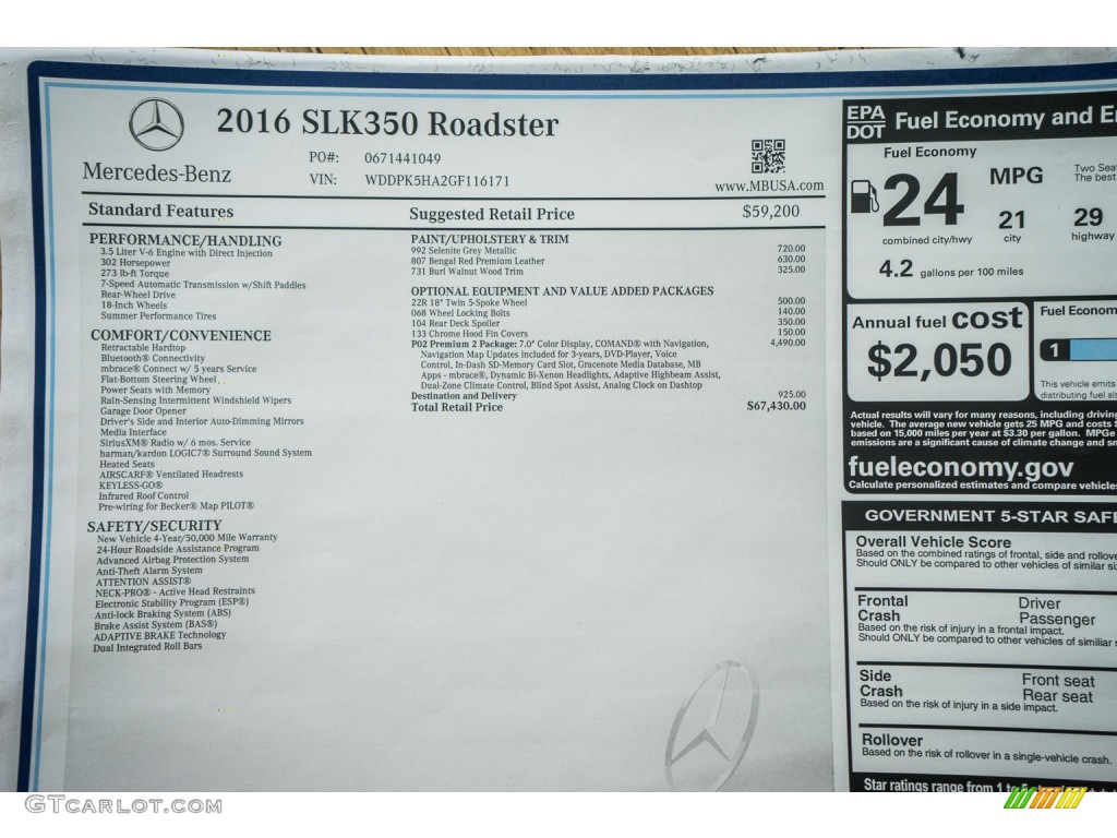 2016 Mercedes-Benz SLK 350 Roadster Window Sticker Photo #106287671