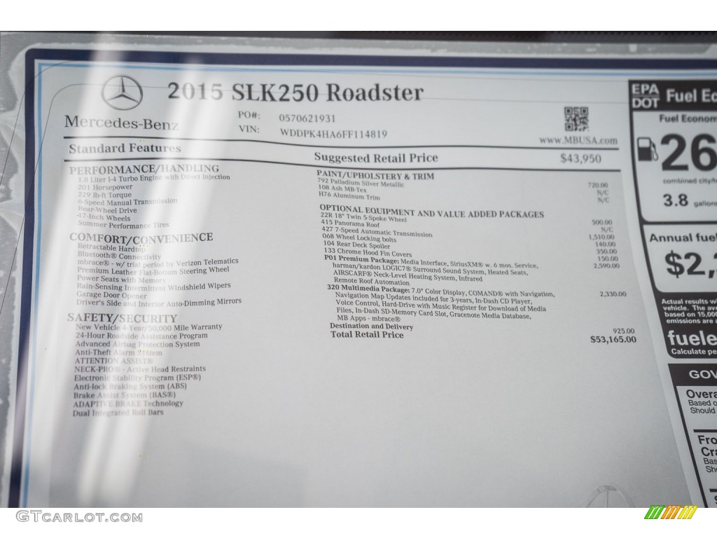 2015 SLK 250 Roadster - Palladium Silver Metallic / Ash/Black photo #11