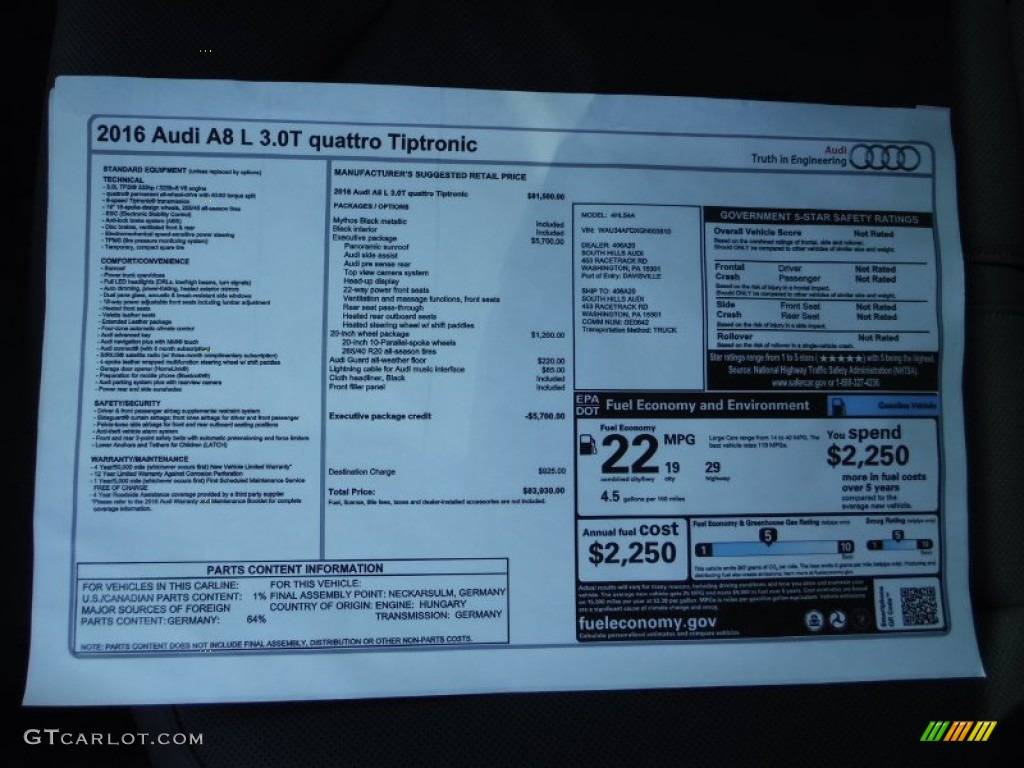 2016 Audi A8 L 3.0T quattro Window Sticker Photo #106378649
