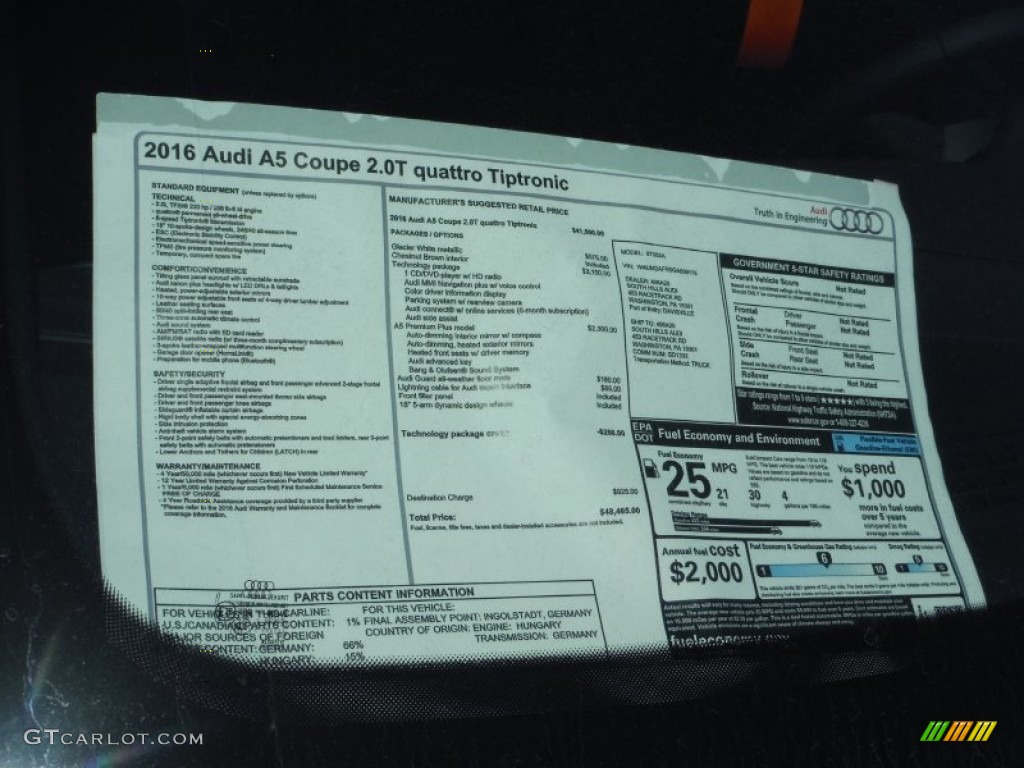 2016 Audi A5 Premium Plus quattro Coupe Window Sticker Photo #106379444