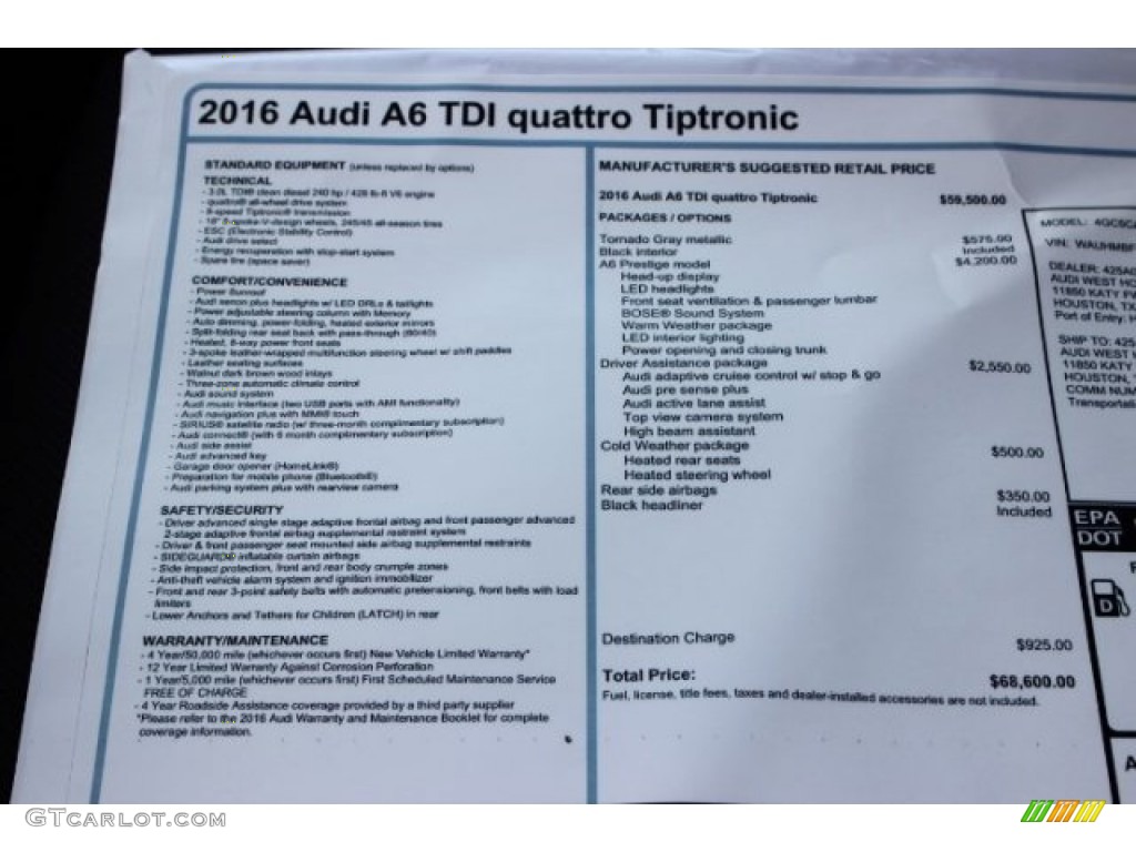 2016 Audi A6 3.0 TDI Prestige quattro Window Sticker Photo #106379711