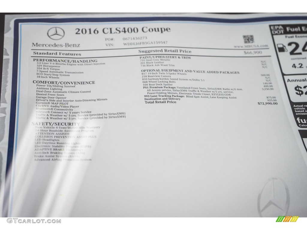 2016 Mercedes-Benz CLS 400 Coupe Window Sticker Photo #106388984
