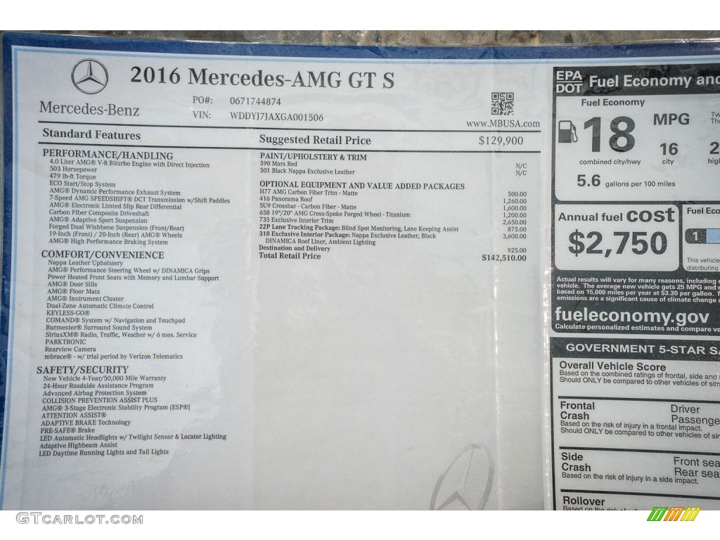 2016 Mercedes-Benz AMG GT S Coupe Window Sticker Photo #106389236