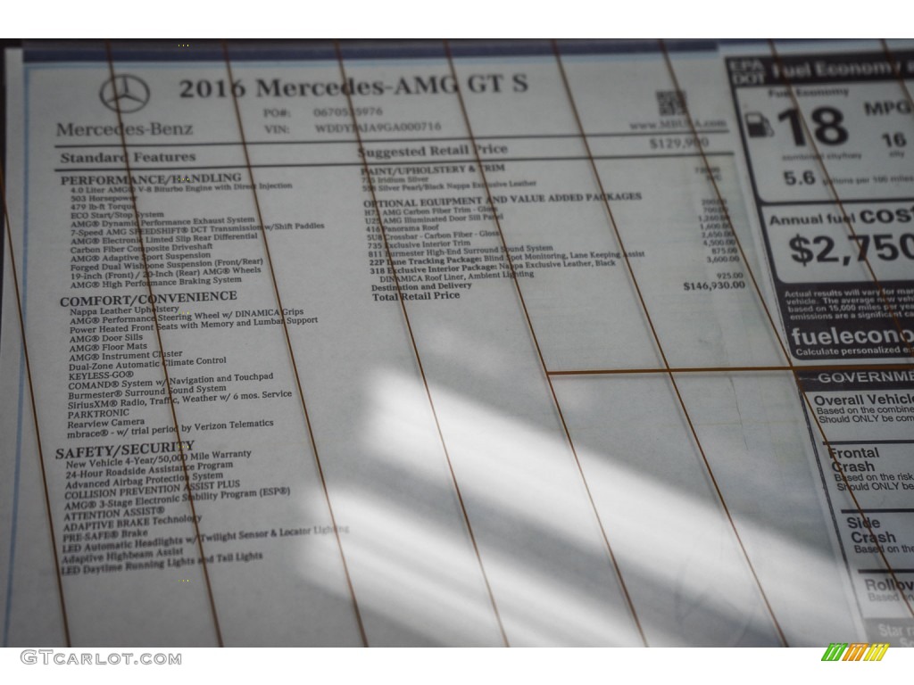 2016 Mercedes-Benz AMG GT S Coupe Window Sticker Photo #106389590