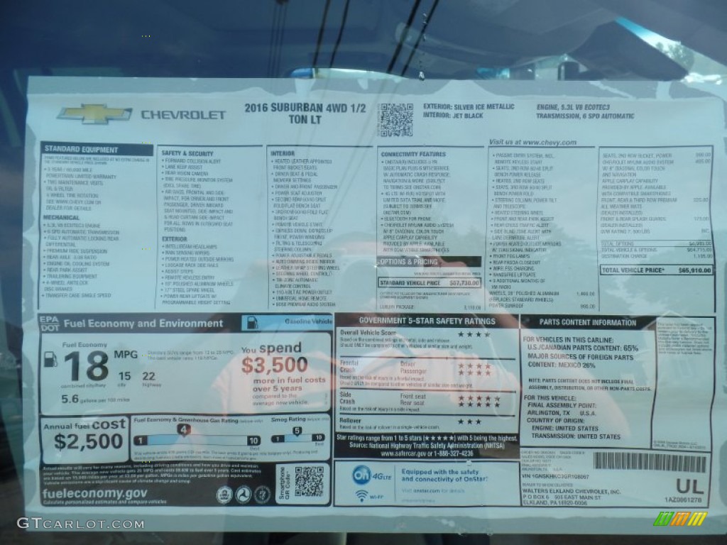 2016 Chevrolet Suburban LT 4WD Window Sticker Photo #106476406