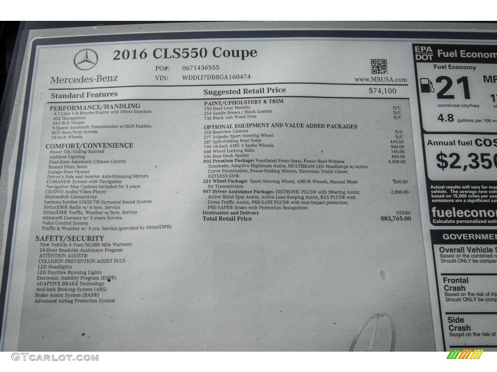 2016 Mercedes-Benz CLS 550 Coupe Window Sticker Photo #106512751