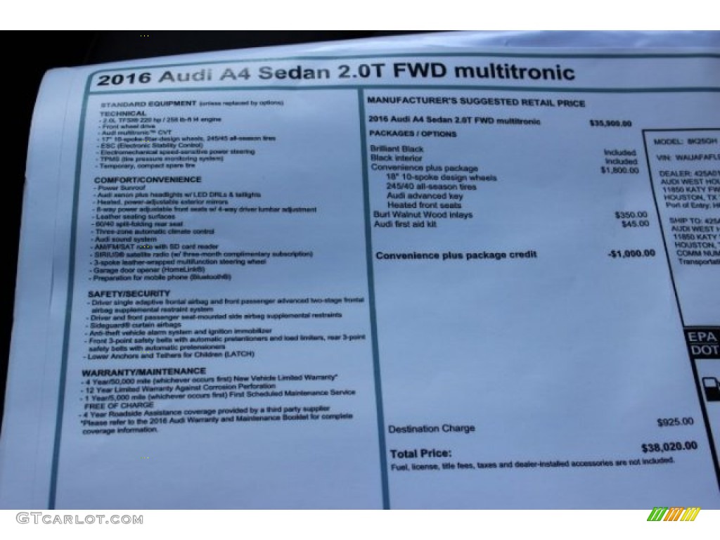 2016 Audi A4 2.0T Premium Window Sticker Photo #106527178