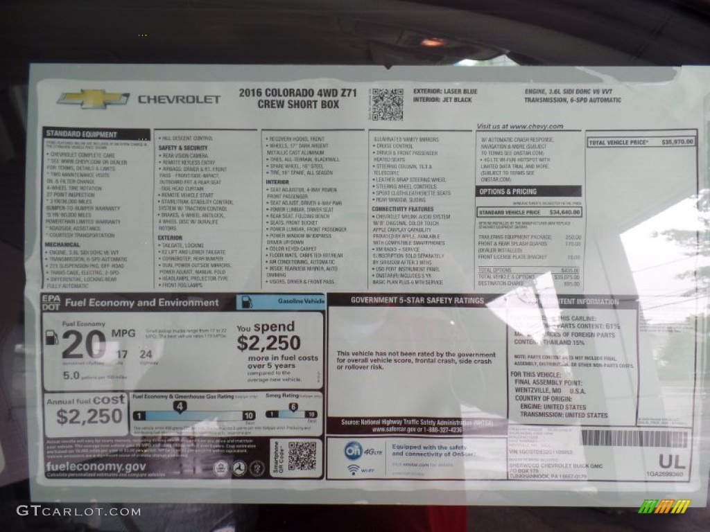 2016 Chevrolet Colorado Z71 Crew Cab 4x4 Window Sticker Photo #106536754