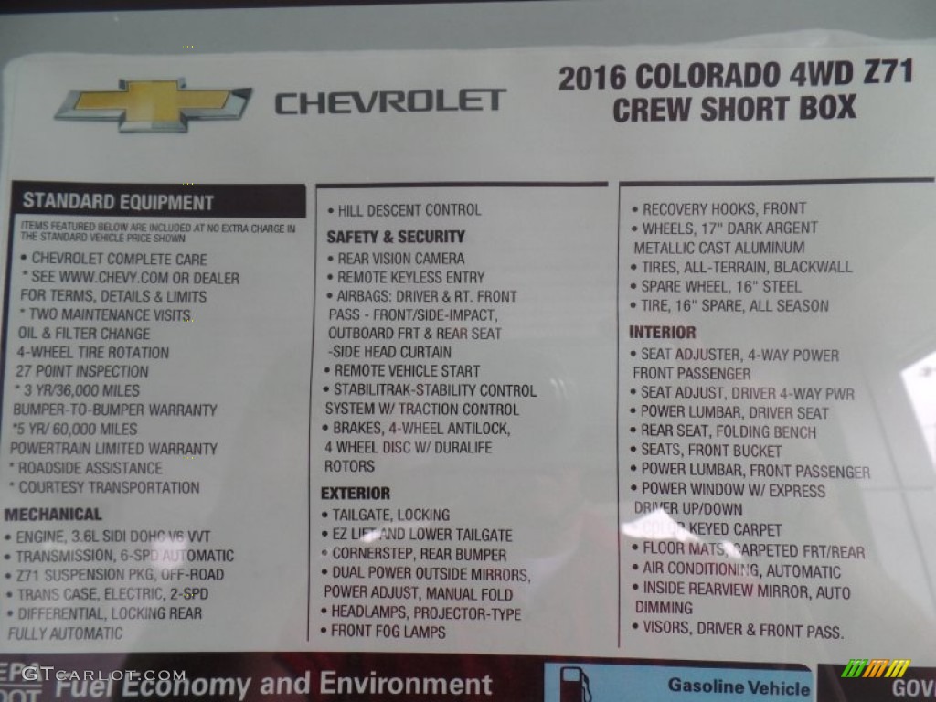 2016 Chevrolet Colorado Z71 Crew Cab 4x4 Window Sticker Photo #106536766