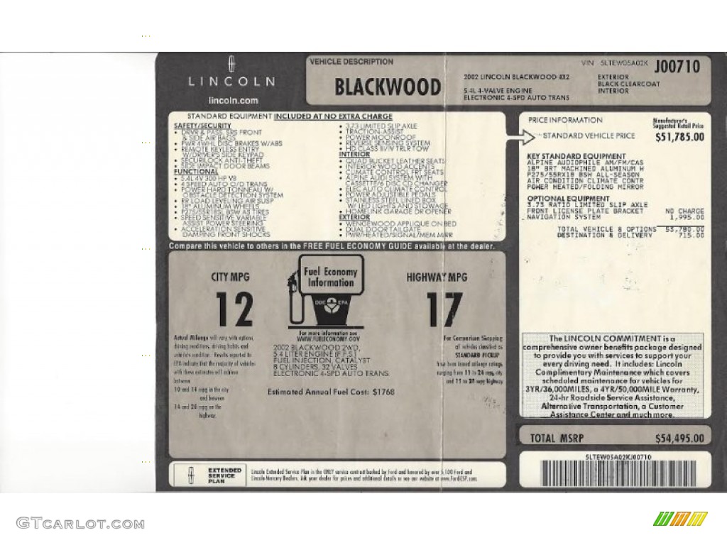 2002 Lincoln Blackwood Crew Cab Window Sticker Photo #106539776