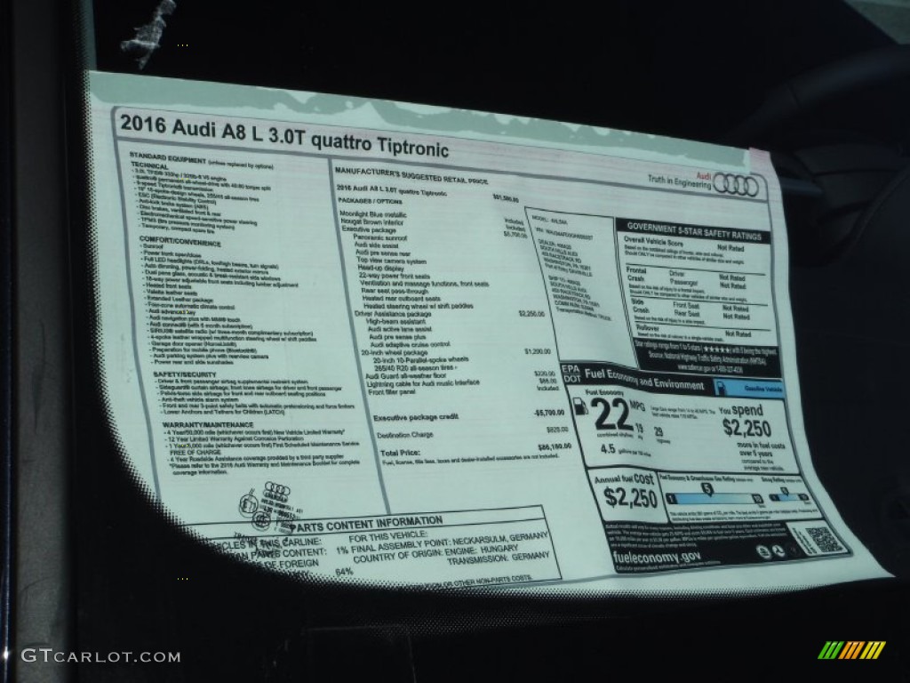 2016 Audi A8 L 3.0T quattro Window Sticker Photo #106541617
