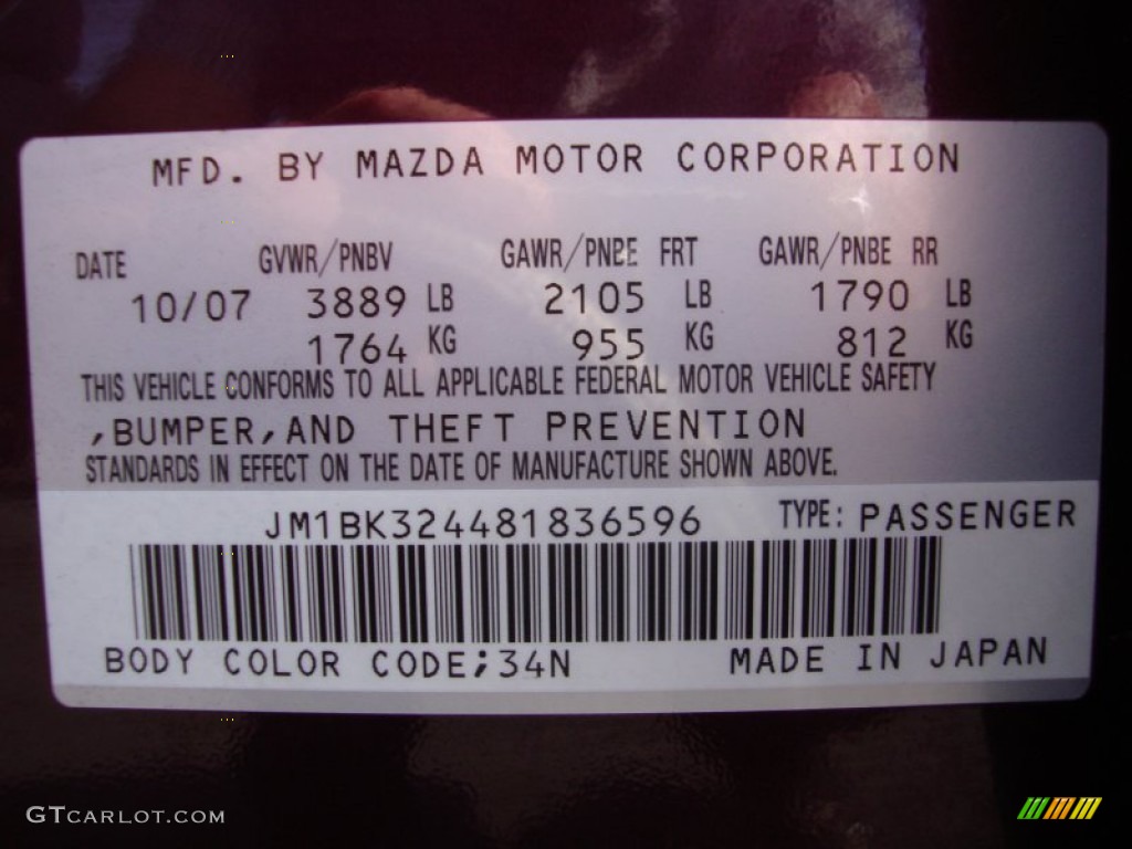 2008 MAZDA3 Color Code 34N for Phantom Purple Mica Photo #106558819