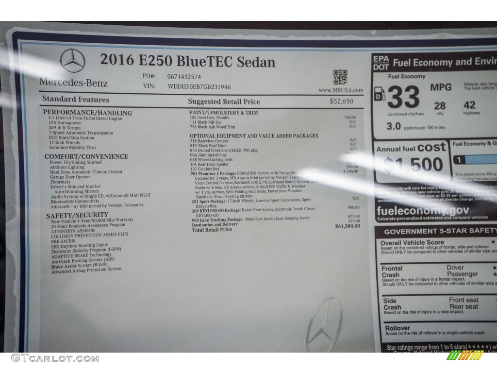 2016 Mercedes-Benz E 250 Bluetec Sedan Window Sticker Photo #106576565