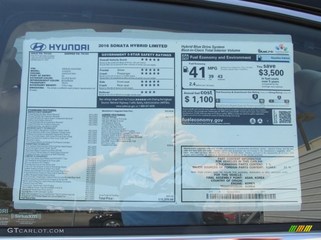 2016 Sonata Hybrid Limited - Eclipse Black / Beige photo #37