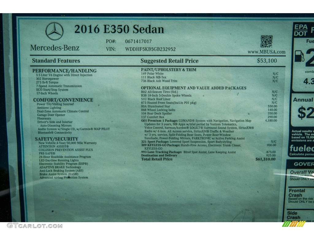 2016 Mercedes-Benz E 350 Sedan Window Sticker Photo #106637281
