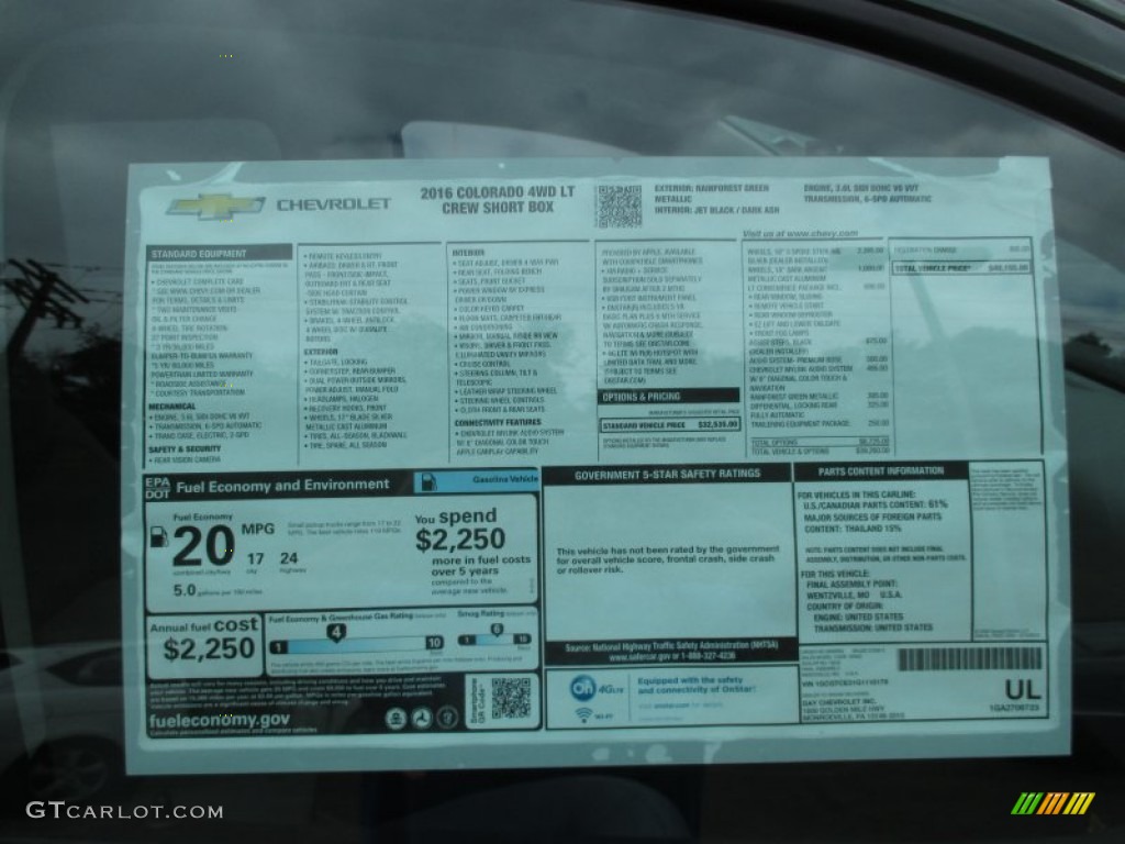2016 Chevrolet Colorado LT Crew Cab 4x4 Window Sticker Photo #106660282