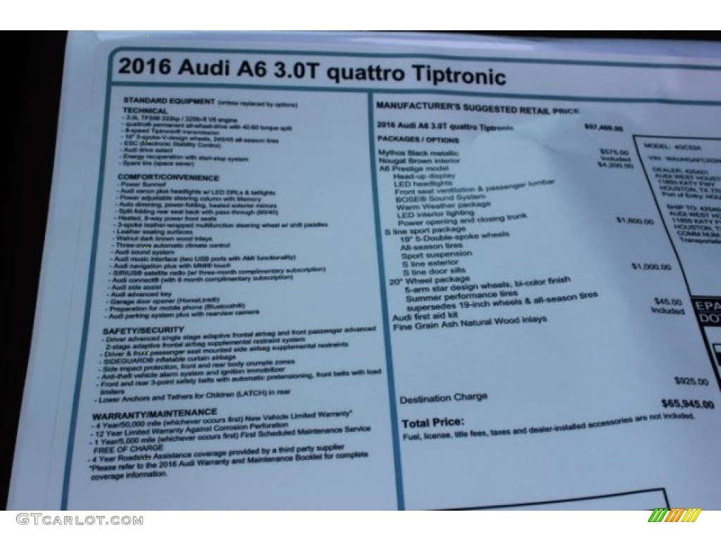 2016 Audi A6 3.0 TFSI Prestige quattro Window Sticker Photo #106750030