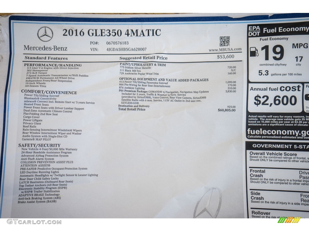 2016 Mercedes-Benz GLE 350 4Matic Window Sticker Photo #106759784