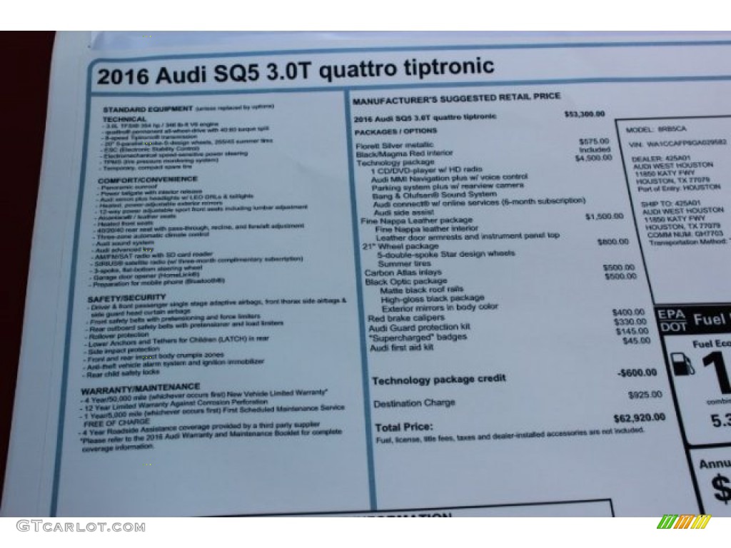 2016 Audi SQ5 Premium Plus 3.0 TFSI quattro Window Sticker Photo #106760097
