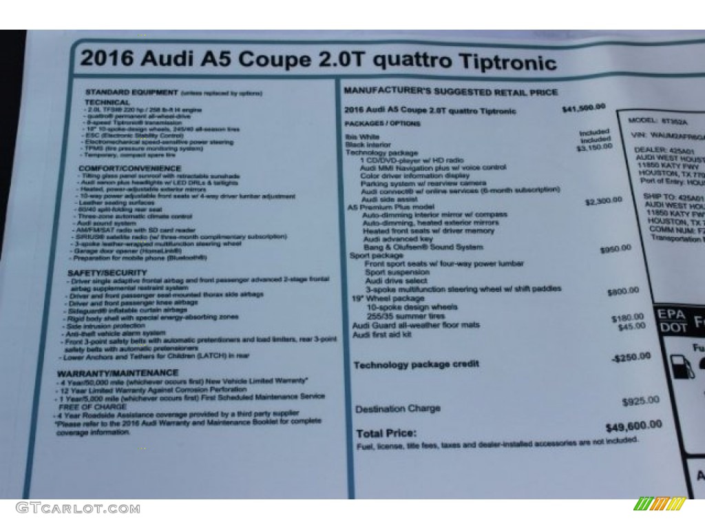 2016 Audi A5 Premium Plus quattro Coupe Window Sticker Photo #106772546