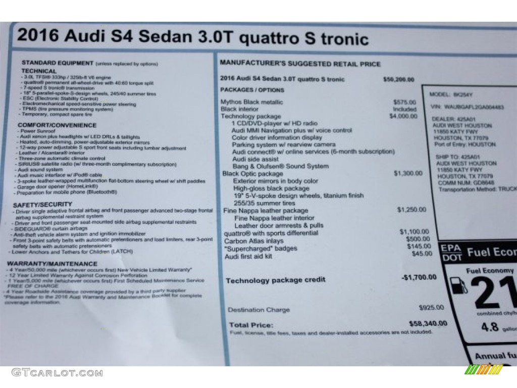 2016 Audi S4 Premium Plus 3.0 TFSI quattro Window Sticker Photo #106773350