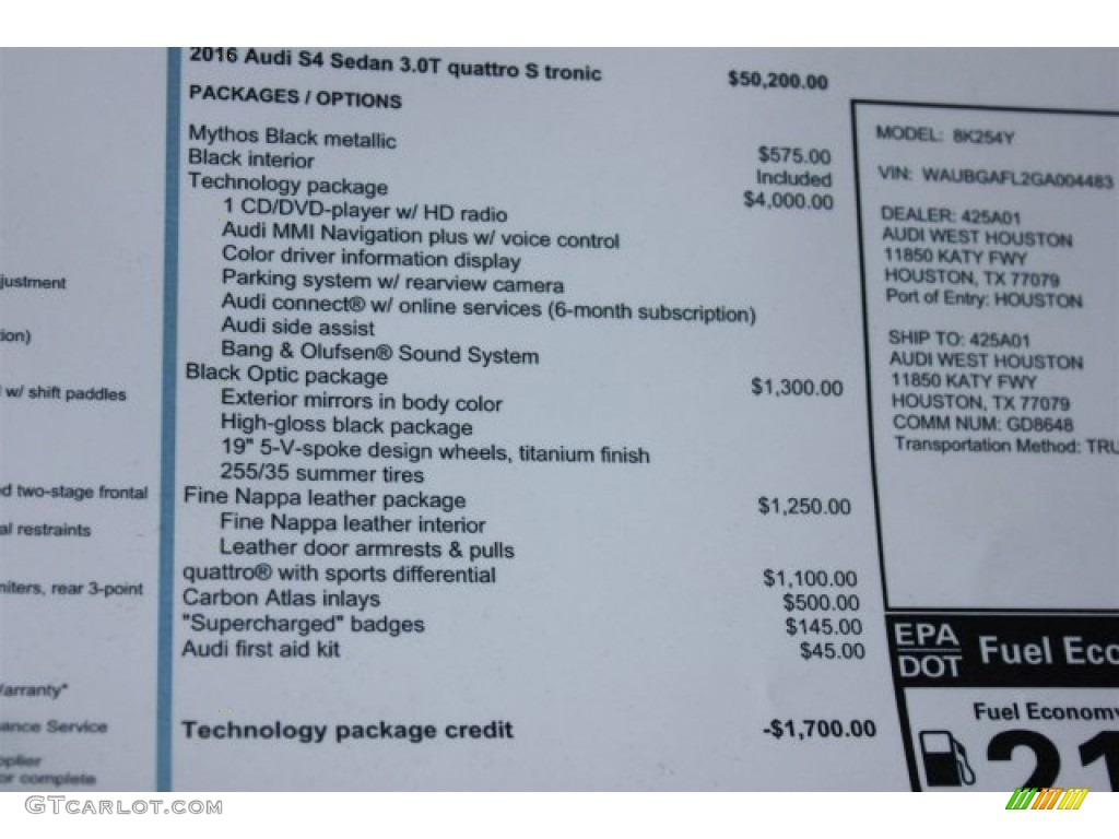 2016 Audi S4 Premium Plus 3.0 TFSI quattro Window Sticker Photo #106773442