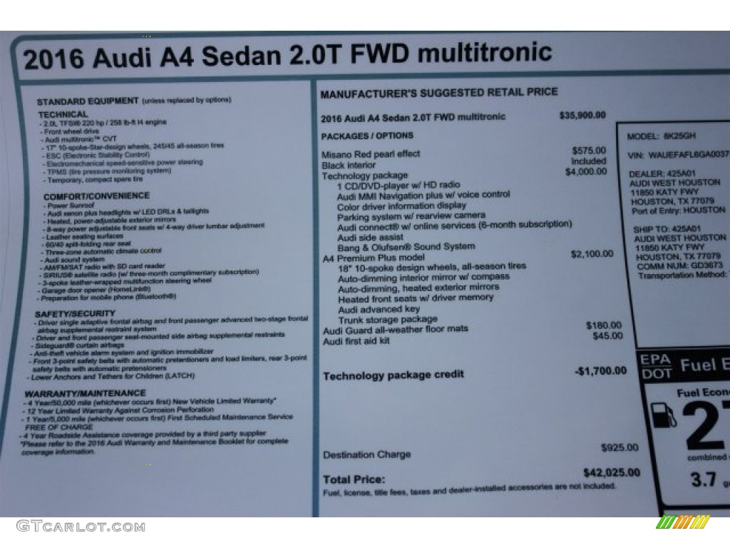 2016 Audi A4 2.0T Premium Plus Window Sticker Photo #106775121
