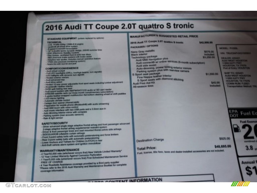 2016 Audi TT 2.0T quattro Coupe Window Sticker Photo #106779945
