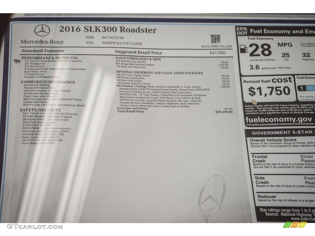 2016 Mercedes-Benz SLK 300 Roadster Window Sticker Photo #106781882