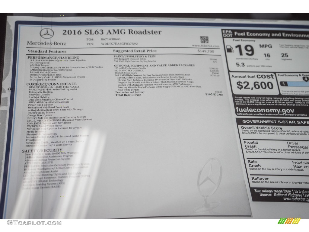 2016 Mercedes-Benz SL 63 AMG Roadster Window Sticker Photo #106782089