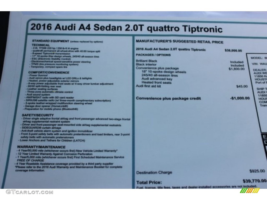 2016 Audi A4 2.0T Premium quattro Window Sticker Photo #106782854