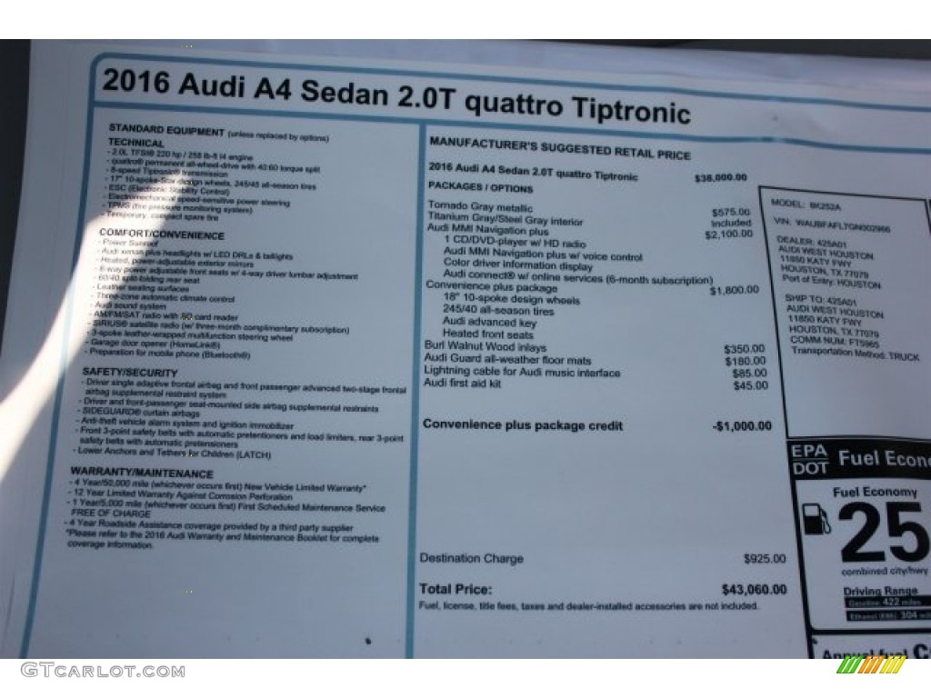 2016 Audi A4 2.0T Premium quattro Window Sticker Photo #106783052