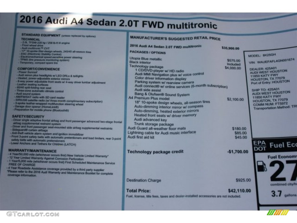 2016 Audi A4 2.0T Premium Plus Window Sticker Photo #106783532