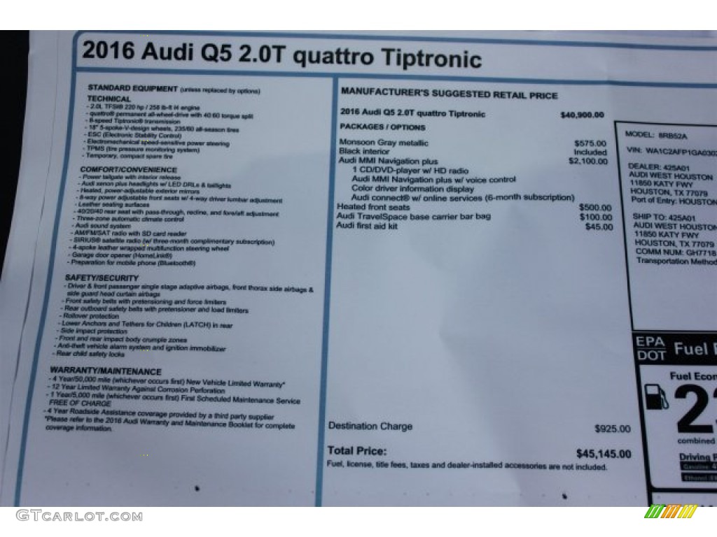 2016 Audi Q5 2.0 TFSI Premium quattro Window Sticker Photo #106784828