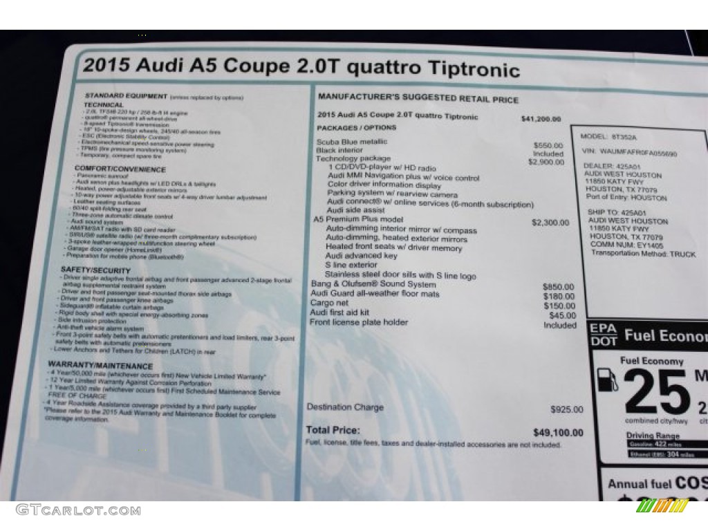 2015 Audi A5 Premium Plus quattro Coupe Window Sticker Photo #106785356