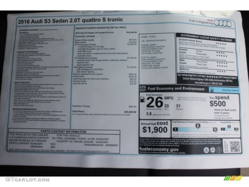 2016 Audi S3 2.0T Premium Plus quattro Window Sticker Photo #106846380