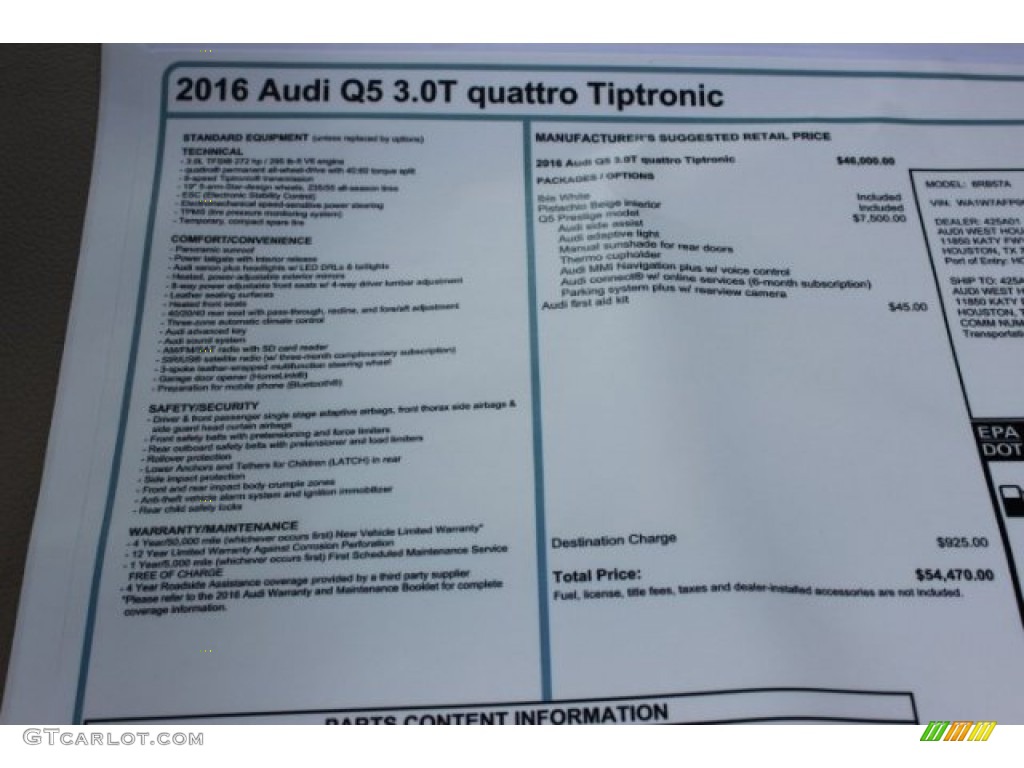 2016 Q5 3.0 TFSI Prestige quattro - Ibis White / Pistachio Beige photo #8