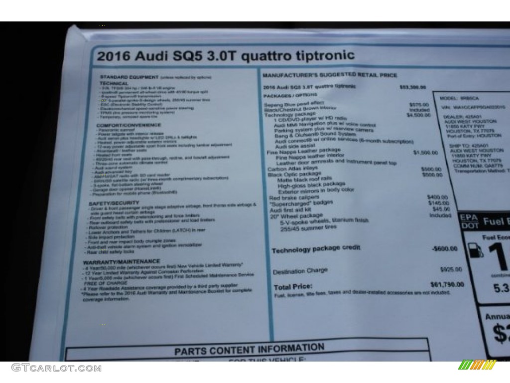 2016 Audi SQ5 Premium Plus 3.0 TFSI quattro Window Sticker Photo #106891493