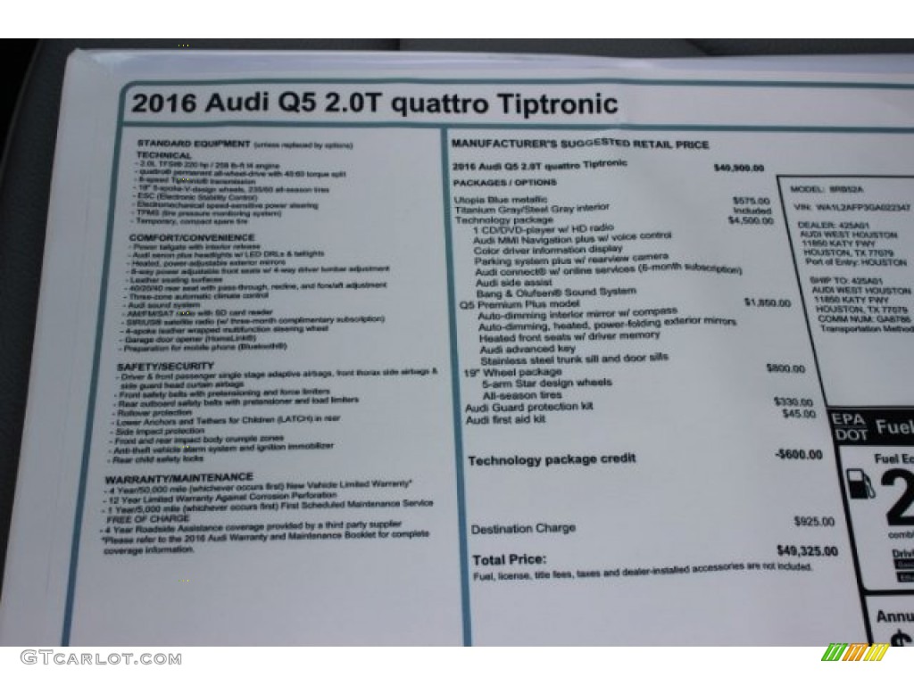 2016 Audi Q5 2.0 TFSI Premium Plus quattro Window Sticker Photo #106931001