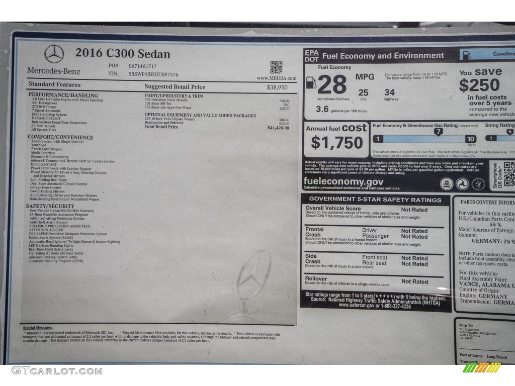 2016 Mercedes-Benz C 300 Sedan Window Sticker Photo #106949130