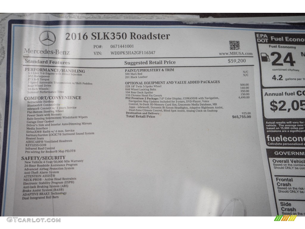 2016 Mercedes-Benz SLK 350 Roadster Window Sticker Photo #106963440