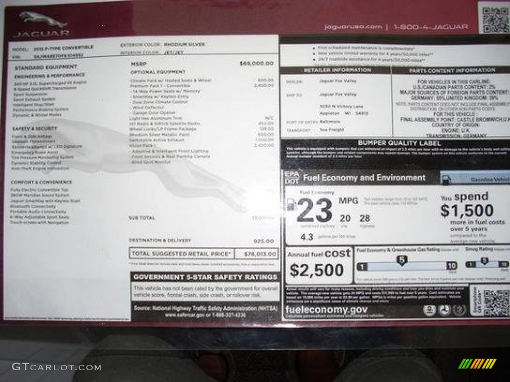 2015 Jaguar F-TYPE Convertible Window Sticker Photo #107014671
