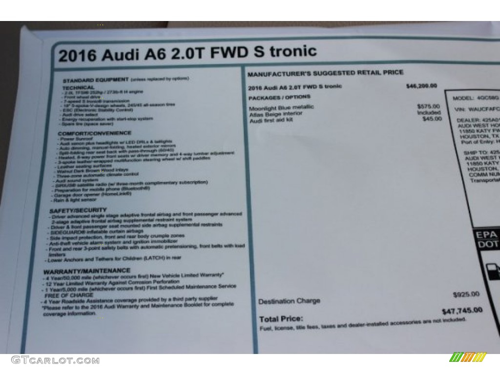 2016 Audi A6 2.0 TFSI Premium Window Sticker Photo #107029143