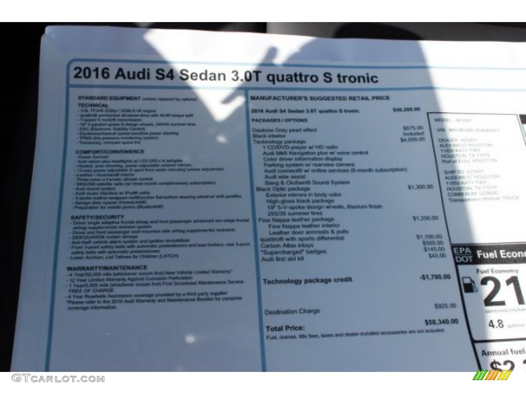 2016 Audi S4 Premium Plus 3.0 TFSI quattro Window Sticker Photo #107031570