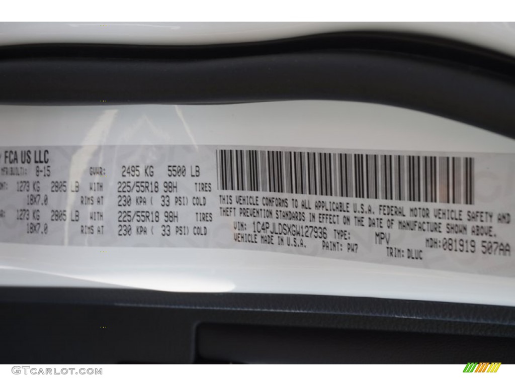 2016 Cherokee Color Code PW7 for Bright White Photo #107052145