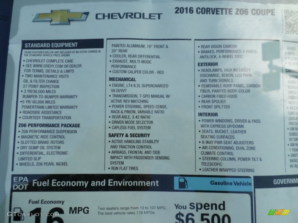 2016 Chevrolet Corvette Z06 Coupe Window Sticker Photo #107063644