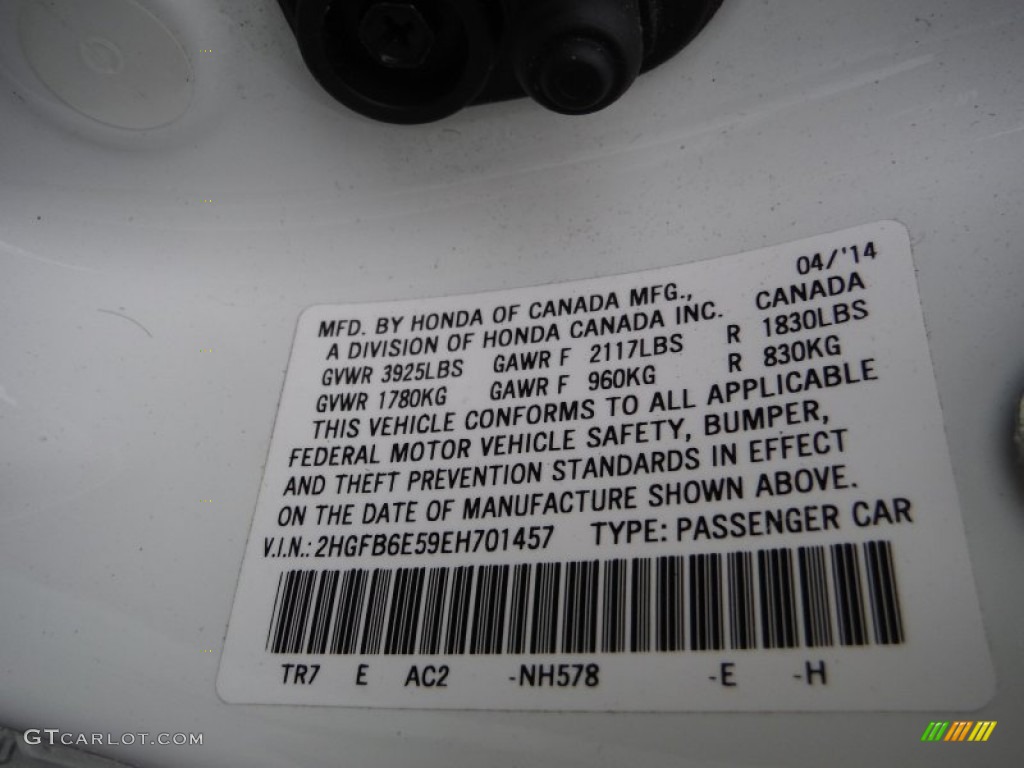 2014 Civic Color Code NH578 for Taffeta White Photo #107067055