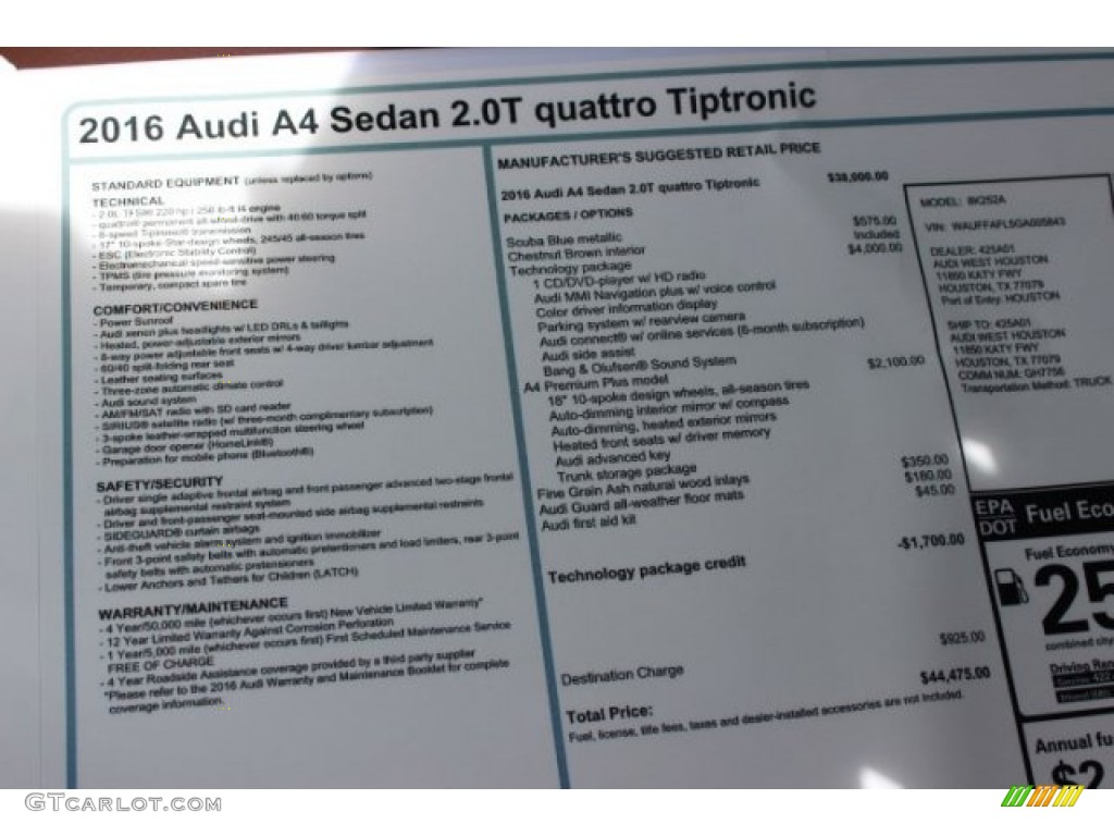 2016 A4 2.0T Premium Plus quattro - Scuba Blue Metallic / Chestnut Brown photo #8